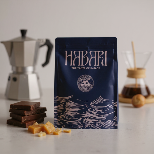 Sachet de café de spécialité saveur chocolat caramel Habari Coffee, torréfacteur à Nice